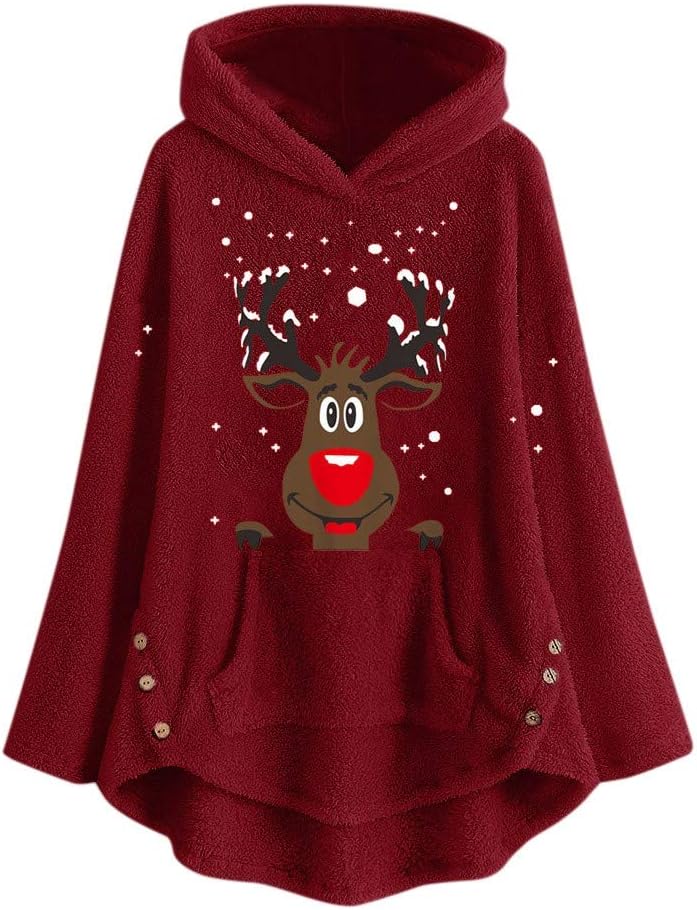 Womens Fleece Christmas Embroidery Plus Size Warm Hoodie Top Button Blouse