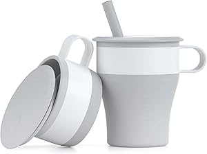 MommyLove Collapsible Cups with Handle & Straw (16oz,BPA Free,Food Grade Silicone) Foldable Travel Coffee Mug - LightGrey