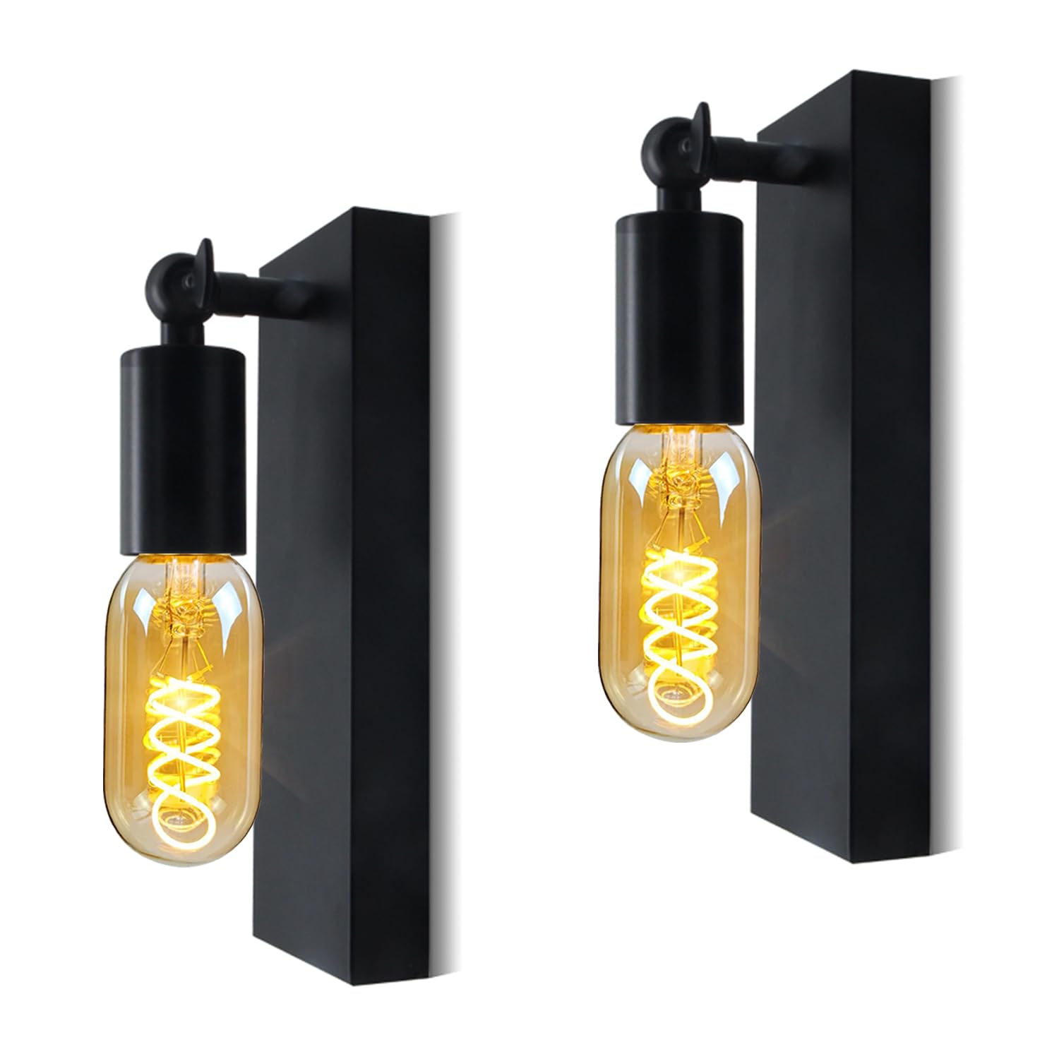 LQUNFYL 2 Pack Wall Lights for Bedroom, E27 Indoor Vintage Wall Lamp, Bedside Wall Light, Industrial Metal Wall Sconce, Rotatable Wall Spotlight for Living Room, Bathroom Vanity Light, Black, No Bulb