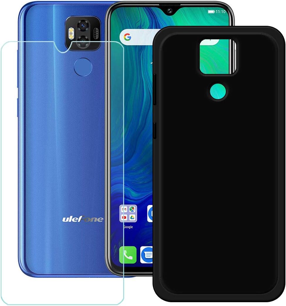 YZKJ Case for Ulefone Power 6 Cover + Screen Protector Tempered Glass Protective Film - Flexible Soft Gel Crystal Black TPU Silicone Protection Case for Ulefone Power 6 (6.3")