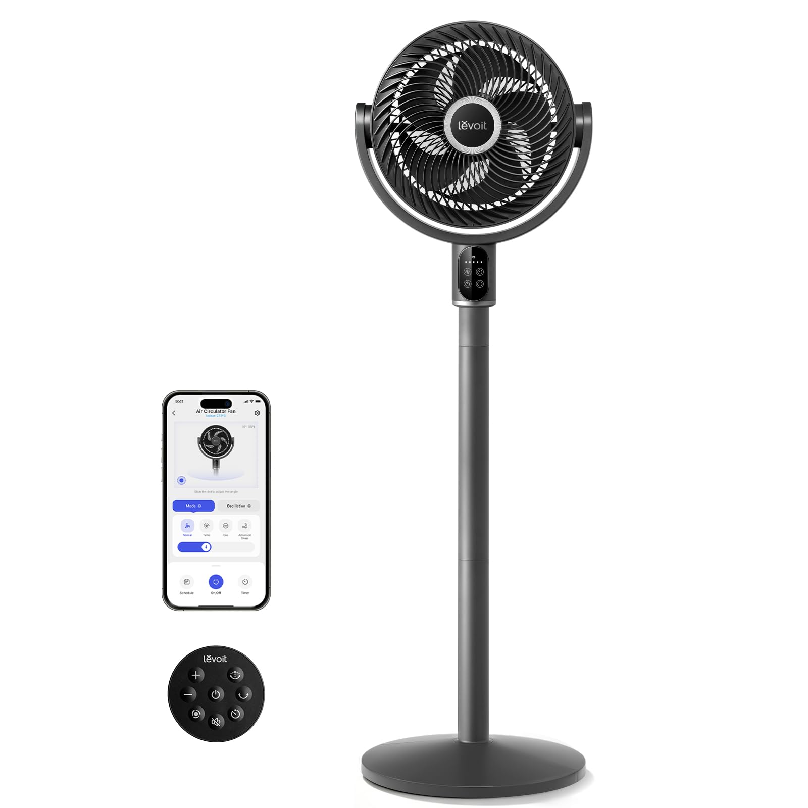 Levoit WLAN Standventilator mit App Steuerung, 20dB leiser Ventilator, 1740m³/h Luftstrom, 24m Reichweite, 6,5m/s, 90°+90° Oszillation, 5 Stufen, 12 Std Timer, Graphitgrau, 97 cm