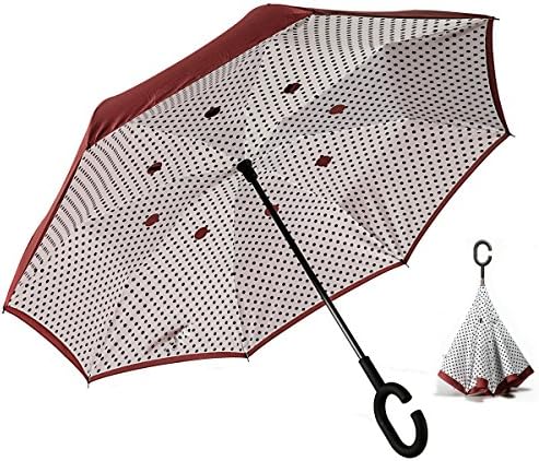 Awyio Creative Windproof Durable Double Layer Inverted Travel Straight Umbrella with Polka-dot Pattern Waterproof UV Protection Self Standing Quick Dry with C-shaped Hands Free Handle,Wine Red