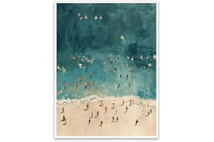 Abstract Beach Wall Art Canvas Print, Coastal Ocean Swimmers Poster, Modern Seaside Decor for Living Room Bedroom Office 24x3