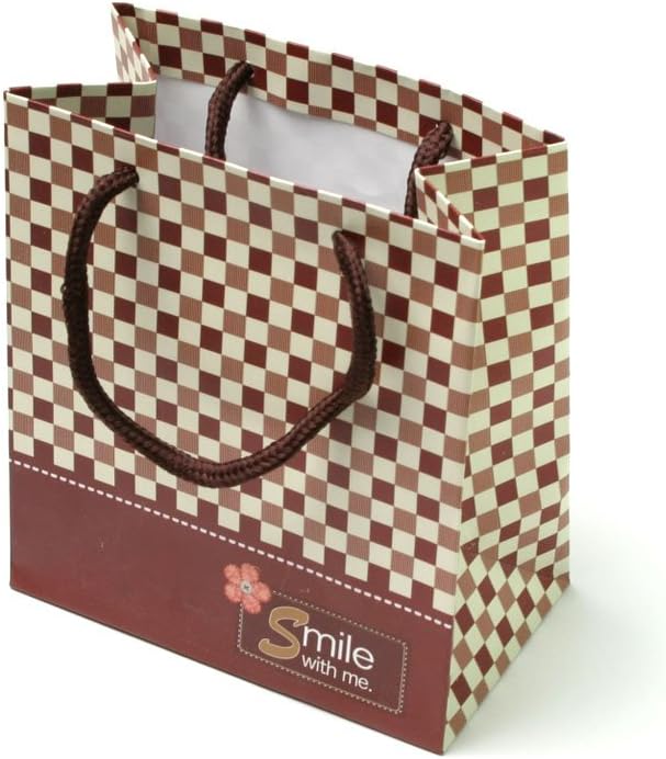 'Gift Bag in Brown with Chequered Pattern and Cord Handles and "Smile With Me"
