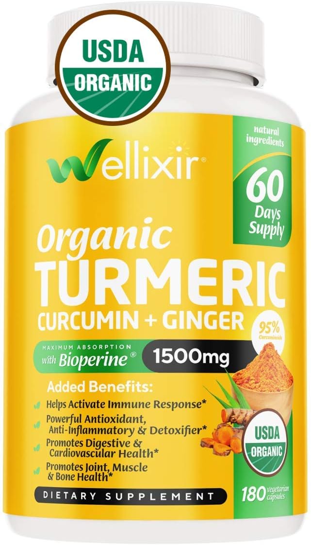Wellixir Organic Turmeric Supplement – Curcumin with Bioperine Capsules – 180 Veggie Caps with Ginger Root Extract, Curcumin and Turmeric for Joint Health – 95% Curcuminoids Formula