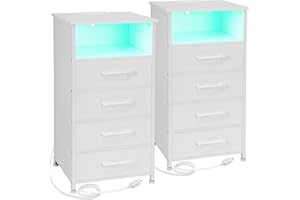 LOAKEKEL Night Stand Set 2, Tall Nightstand with Charging Station, Dresser for Bedroom with 4 Drawers, LED End Table with USB Ports and Outlets, Bedside Table with Storage Bins, White, HNS034WT