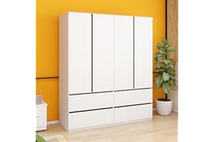 ClassyCabin Wooden Armoire Wardrobe Closet, 4 Door 4 Drawers Bedroom Armoires for High Storage Capacity, White Large Storage Cabinet with Hanging Rod and 3 Storage