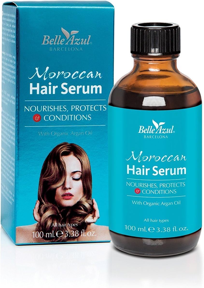 Belle Azul Moroccan Hair Serum Oil with Organic Pure Natural Argan Oil, Deep Repair Hair Treatment, Nourishes & Moisturises for All Hair Types, No Parabens, Vegan, 100ml