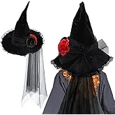 Hayooha Witch Hat with Veil Rose Lace,Gothic Queen Rose Wizard Hat Cosplay Accessories for Halloween Costume,Halloween Party Headwear Headband Ornament