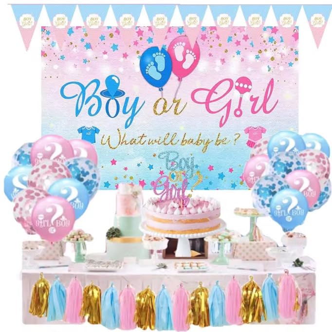 Photo 1 of Baby Gender Reveal Decorations, Large Vinyl Backdrop Banner, Blue Pink and Confetti Balloons, Tassels Banner, Triangle Flag Banner and Cake Topper