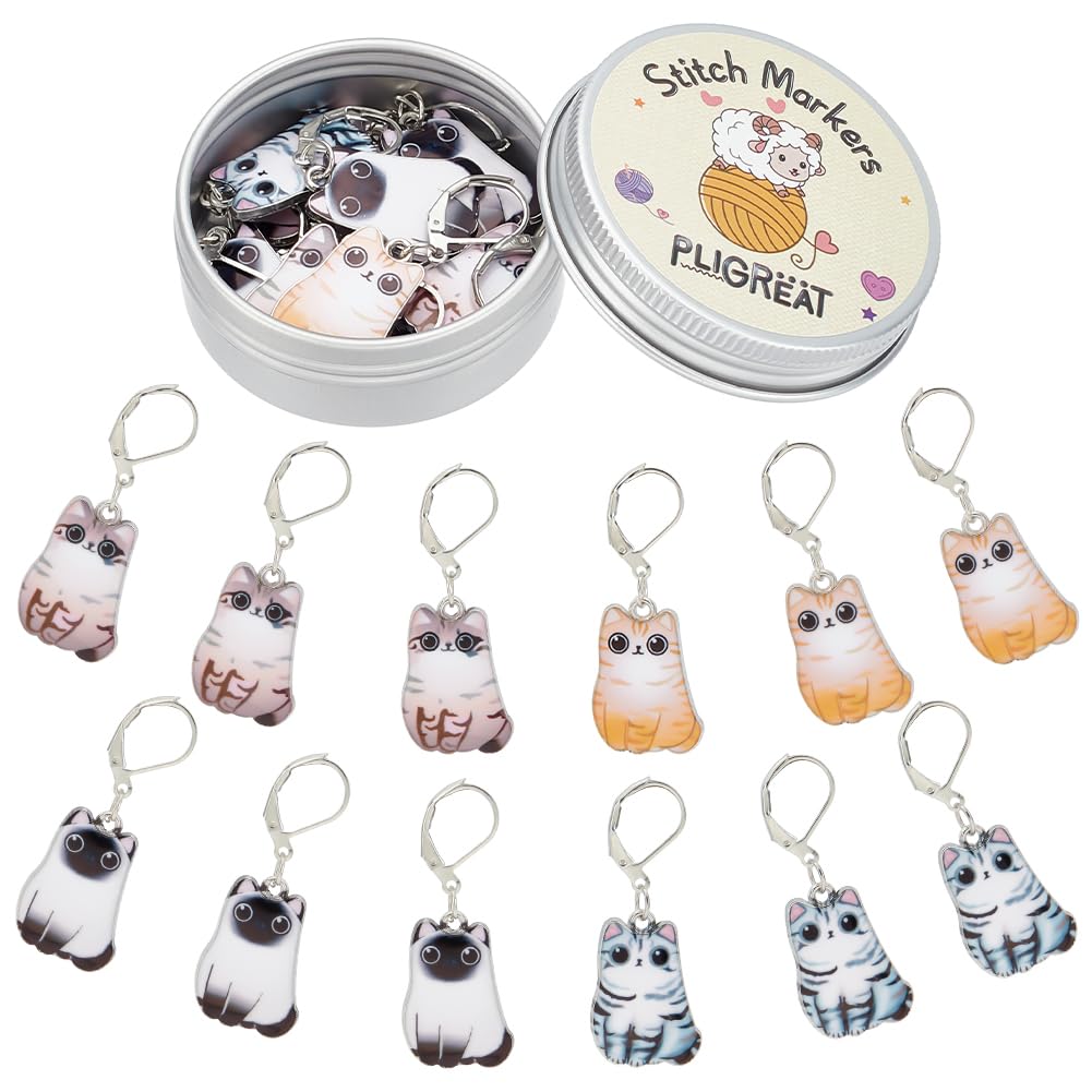 PLIGREAT 12 Pcs Cute Enamel Kitten Cat Charms Crochet Stitch Markers Knitting Row Counter Locking Marker with Storage Box for Grandma Mom Gift Knitting Tool Kit DIY Earings Jewelry Making Accessories