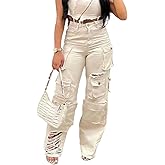 Voghtic Womens High Waist Cargo Jeans Sexy Ripped Straight Leg Stretch Distressed Denim Trousers Pants
