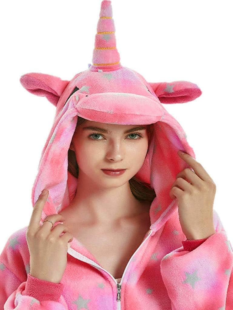 Unisex-Adult Onesie Pajamas Unicorn Animal Sleepwear for Halloween Party Costumes,Daily Cartoon Outfit Pink Star Unicorn L