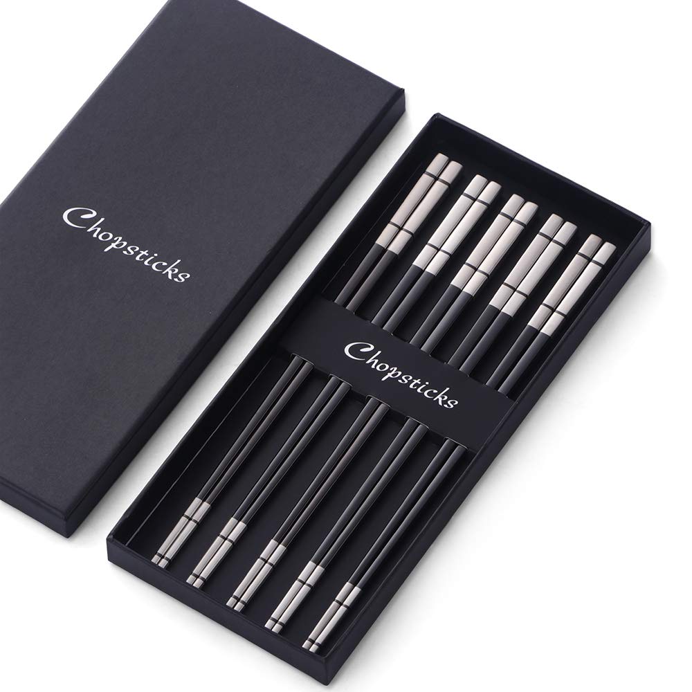 Bisda Reusable Metal Chopsticks Set 5 Pairs Black Japanese Chopsticks for Korean Sushi Chopsticks 23.5 cm Stainless Steel Chinese Chopstick with Gift Box for Christmas Birthday Party Dishwasher Safe