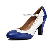 graceretro Women's Mary Jane Wingtip Rockability Oxford Two Tones Close Round Toe Vintage 1950s Heels Ankle Straps Retro 1920s Victorian Pumps Shoes