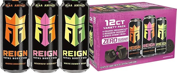 REIGN TOTAL BODY FUEL VARIETY PACK, REIGN ORANGE DREAMSICLE, REIGN REIGNBOW SHERBET, REIGN WHITE GUMMY BEAR, FITNESS & PERFORMANCE DRINK, 16 FL OZ (PACK OF 12)