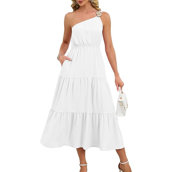 SIBONEY White Ruffled Off Shoulder And Cute Dress A-Line Long Midi Dress  For Womens at Amazon Women's Clothing store