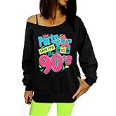 MNLYBABY 80s Outfit Women 80s 90s Theme Party Disco Shirt Off The Shoulder Sweatshirt Vintage 80s Neon I Love The 80's Top