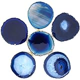 JIC Gem Golden Plated Dyed Blue Agate Coasters, 6 pcs set, 3-4", with Rubber Bumper