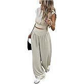 Floerns Women's 2 Piece Outfit Tie Back Cap Sleeve Crop Tops and Wide Leg Pants Set
