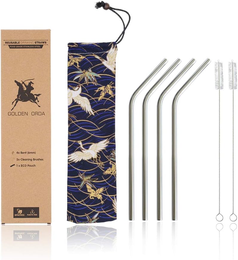 Golden Orda Stainless Steel Straws with Stylish Cloth Pouch Case,8.5'' Inches Eco-Friendly FDA Approved Reusable Metal Drinking Straws with 2 Cleaning Brushes for 20 Oz Yeti Tumbler