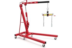 EXPLOREHORIZON 2 Ton Folding Hydraulic Engine Hoist with Load Leveler 44 LBS Capacity Heavy Duty Cherry Picker 6 Swivel Wheels&Hydraulic Pump Adjustable Boom (0.5T-2T) for Garage Workshop Warehouse Red