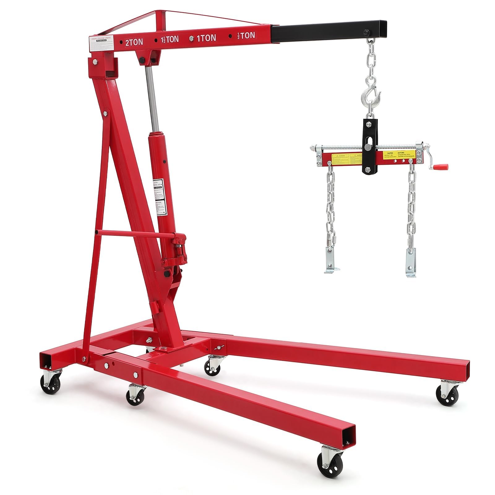 Photo 1 of 2 Ton Folding Hydraulic Engine Hoist with Load Leveler 44 LBS Capacity Heavy Duty Cherry Picker 6 Swivel Wheels&Hydraulic Pump Adjustable Boom (0.5T-2T) for Garage Workshop Warehouse Red