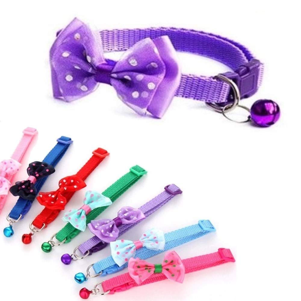 Small Dog Puppy Pet Collar Bow Tie Decoration with Bell Nylon Adjustable Size 19-32cm Purple