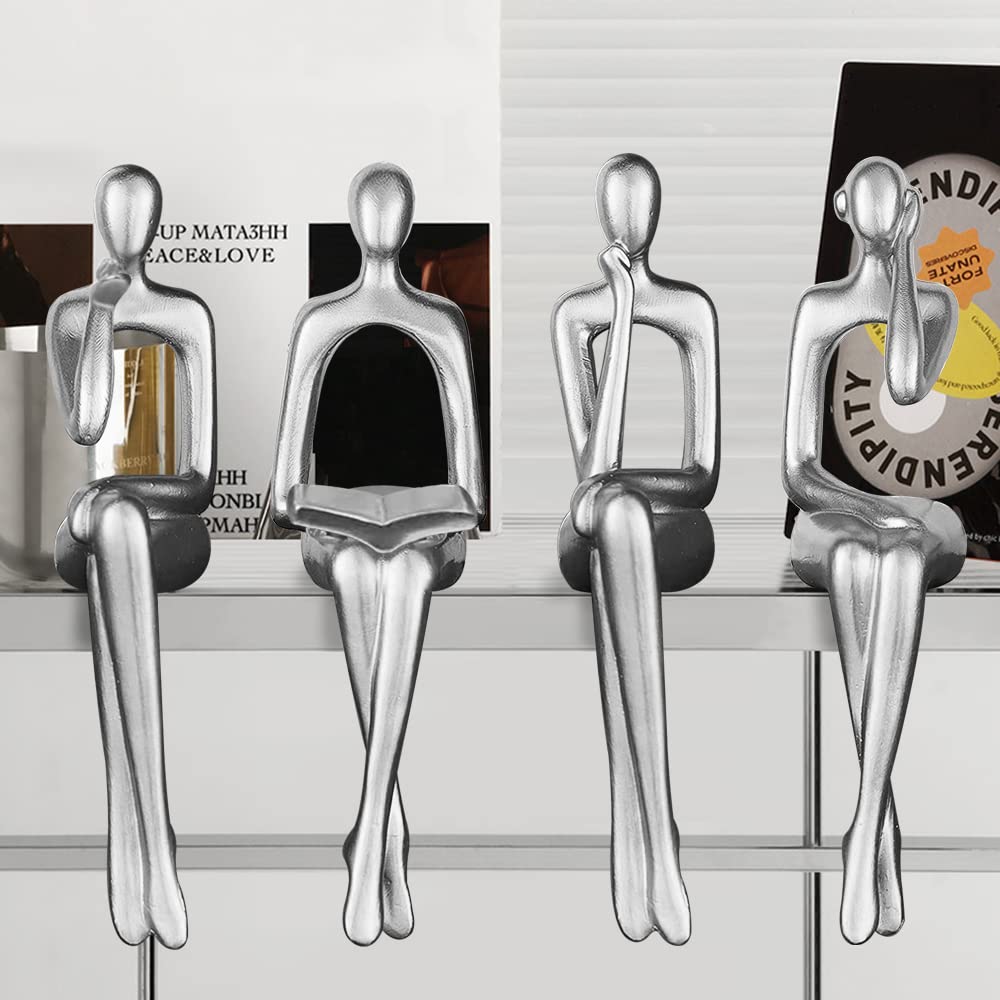 4pcs Home Decor Silver Thinker Statue Modern Resin Abstract Sculpture,Art Action Figurines Ornaments For Living Room Bathroom Office Desk Bookshelf Coffee Table Decor Collectible Accents Gift