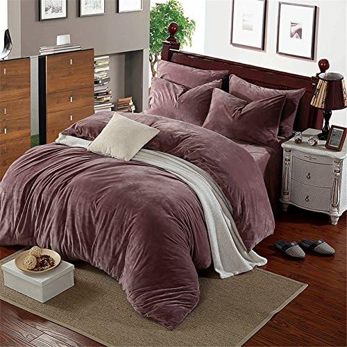 Simonshop Home Solid Flannel Fleece Thick Warm Winter Duvet Cover Sets Super Soft Short Plush Luxury Crystal Velvet 4 Piece Bedding Set (queen, light coffee)