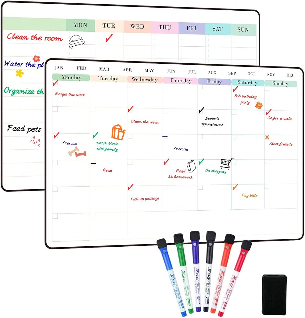 POPRUN 2 Pack A3 Whiteboard Calendar Monthly Weekly Chore Chart Self Adhesive