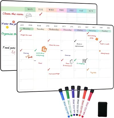 POPRUN 2 Pack A3 Whiteboard Calendar Monthly Weekly Chore Chart Self Adhesive