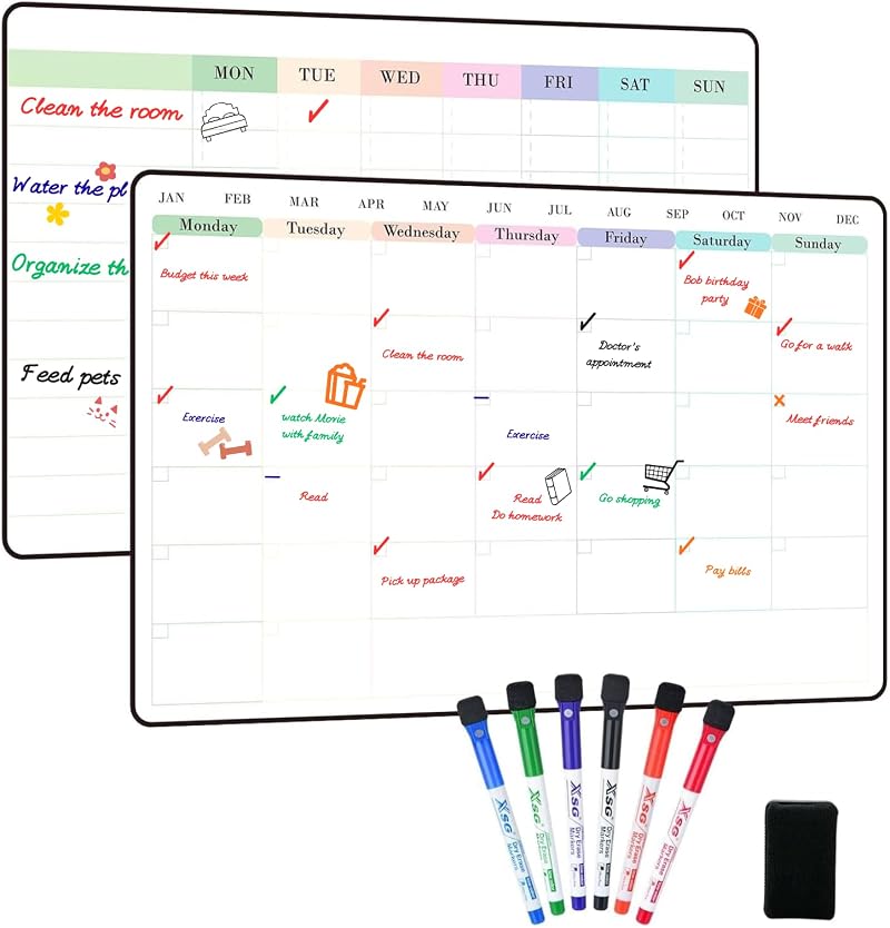 POPRUN 2 Pack A3 Whiteboard Calendar Monthly Weekly Chore Chart Self Adhesive