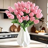 SHINE-CO LIGHTING PU Real Touch Tulips Artificial Flowers 30Pcs Flowers Arrangement Bouquet for Home Office Wedding Decoration (Pink)