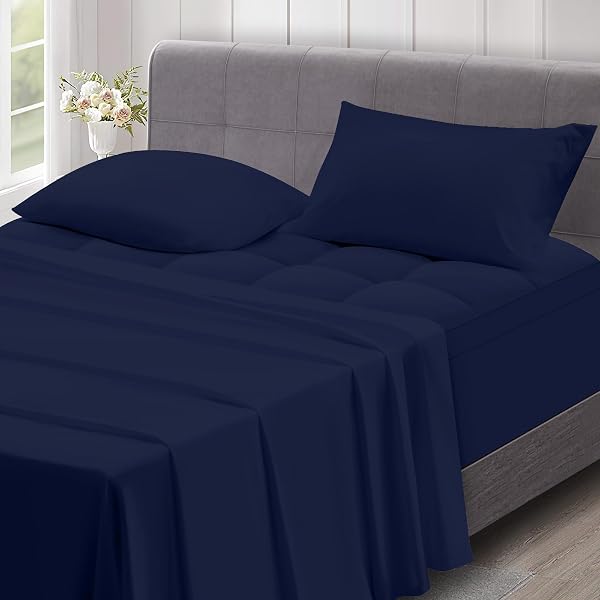 MASVIS KING SIZE MATTRESS TOPPER FOR BACK PAIN – SOFT FLAT SHEET AND PILLOWCASES – EXTRA THICK MATTRESS PAD COVER – OVERFILLED PILLOW TOP – 4 PIECE SET – NAVY BLUE