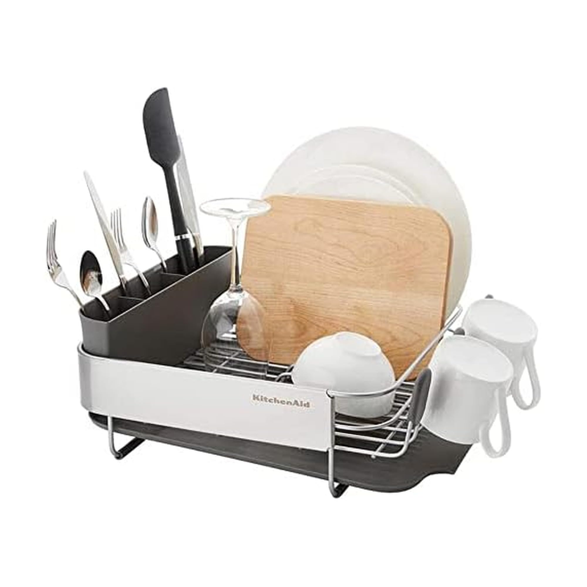Photo 1 of KitchenAid Compact, Space Saving Rust Resistant Dish Rack, with Angled Self Draining Drain Board and Removable Flatware Caddy, 16.06-Inch, Gray
