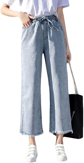 Amazon Bestmoodデニムパンツ レディース ジーンズ ワイドパンツ ゆったり ロング丈 韓国ファッション ハイウエスト フリンジ 薄手 春物 ジーンズ 通販