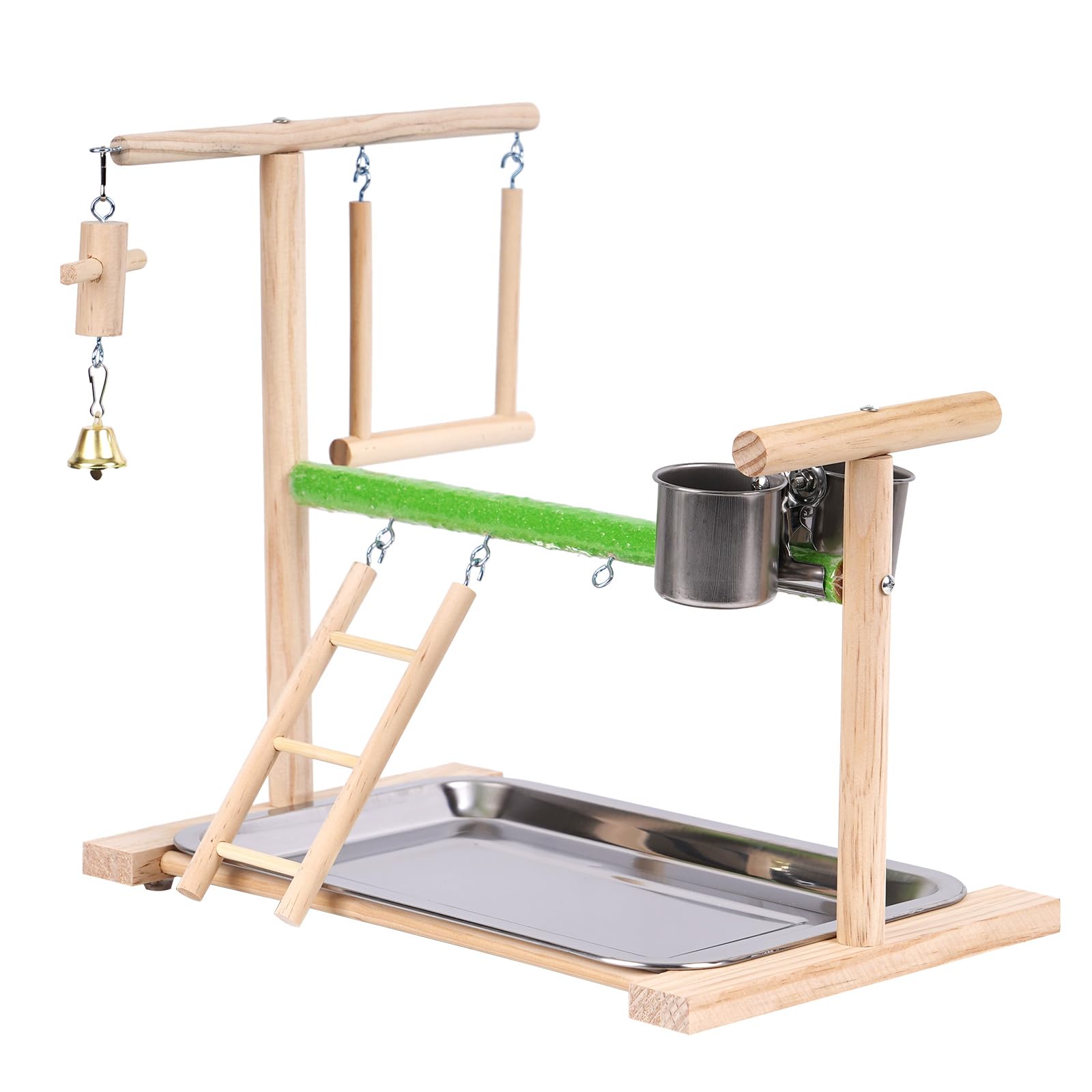 Parrots Playground Bird Perch Wood Playstand Stand with Ladder Swing Feeder Cups Chew Toy for Parakeet Conure Cockatiel Budgie Lovebird Finch Small Birds