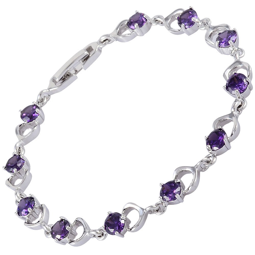RIZILIA Tennis Bracelet [18cm/7inch] with Round Cut Gemstones CZ [Purple Amethyst] in 18K White Gold Plated, Simple Modern Elegance
