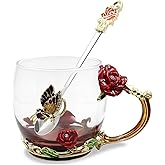 VANUODA Enamels Butterfly Flower Tea Cup, Glass Coffee Mugs with Spoon, Gifts for Birthday Valentines Mothers Day Graduation 