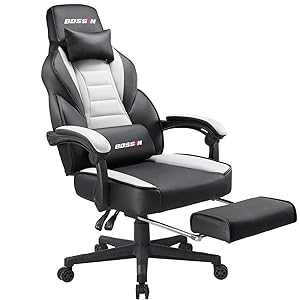 BOSSIN Racing Style Gaming Chair Office Computer Desk Chair with Footrest and Headrest Ergonomic Design Large Size High-Back E-Sports Chair PU Leather Swivel Chair (White)