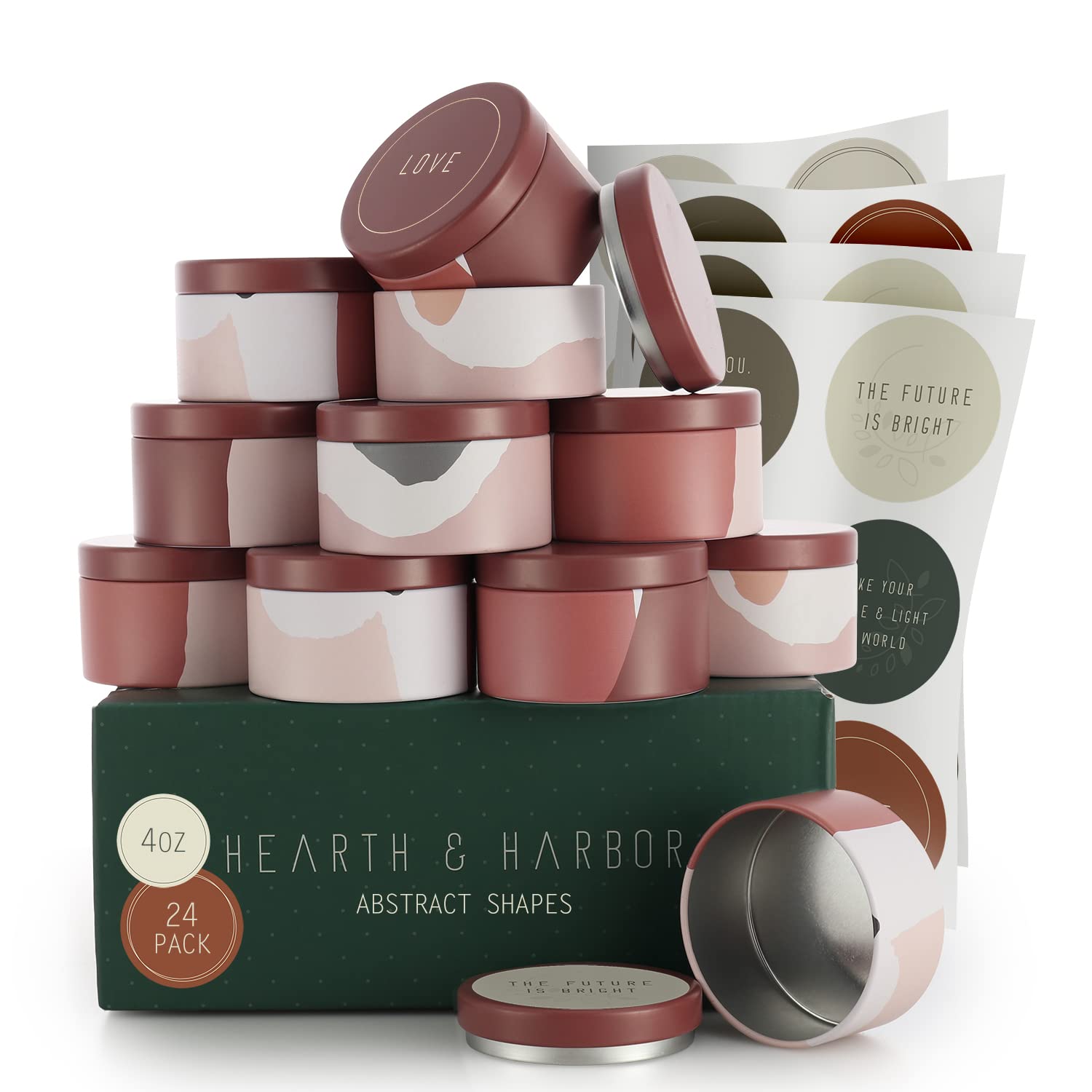 Photo 1 of Hearth & Harbor Tin Candle Jars for Making Candles - DIY Candle Containers with Lids - Metal Candle Jars - Bulk Tins Storage for Candle (24, Abstract Shapes)