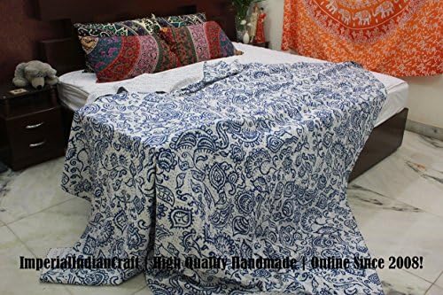ImperialIndianCraft 100% Handmade Indian Kantha Quilt Blanket Comforter - Blue &amp; Off White Shade With Ethnic Leafy Kantha, Bohemian, Mediterranean Bedding | 100% PREMIUM QUALITY | KING SIZE