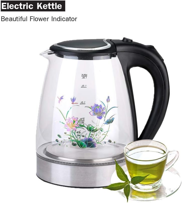 Electric Kettle Glass and Steel (1.8L) - with Unique and Beautiful Magic Heat Flower - Cordless - Fast Boiling - Auto Shutoff - Blue Illumination - LED Indicator Light - 1200W - FDA Approved