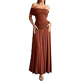URYIAO Off The Shoulder Maxi Dress for Women Summer Ruched Bodycon Pleated Flowy Formal Wedding Guest Long Dresses