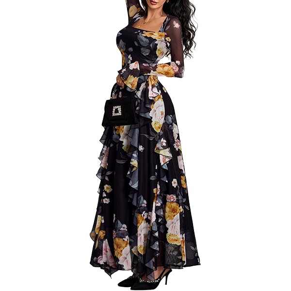 slim fit dress slacks Women's Gold Mood Sleeveless Floral Maxi Dress in Black
