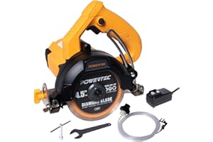POWERTEC 4.5" Handheld Tile Saw – 12Amp/1400W Motor, Wet/Dry Cutting with Adjustable Water Feed System, GFCI Plug, Bevel & De