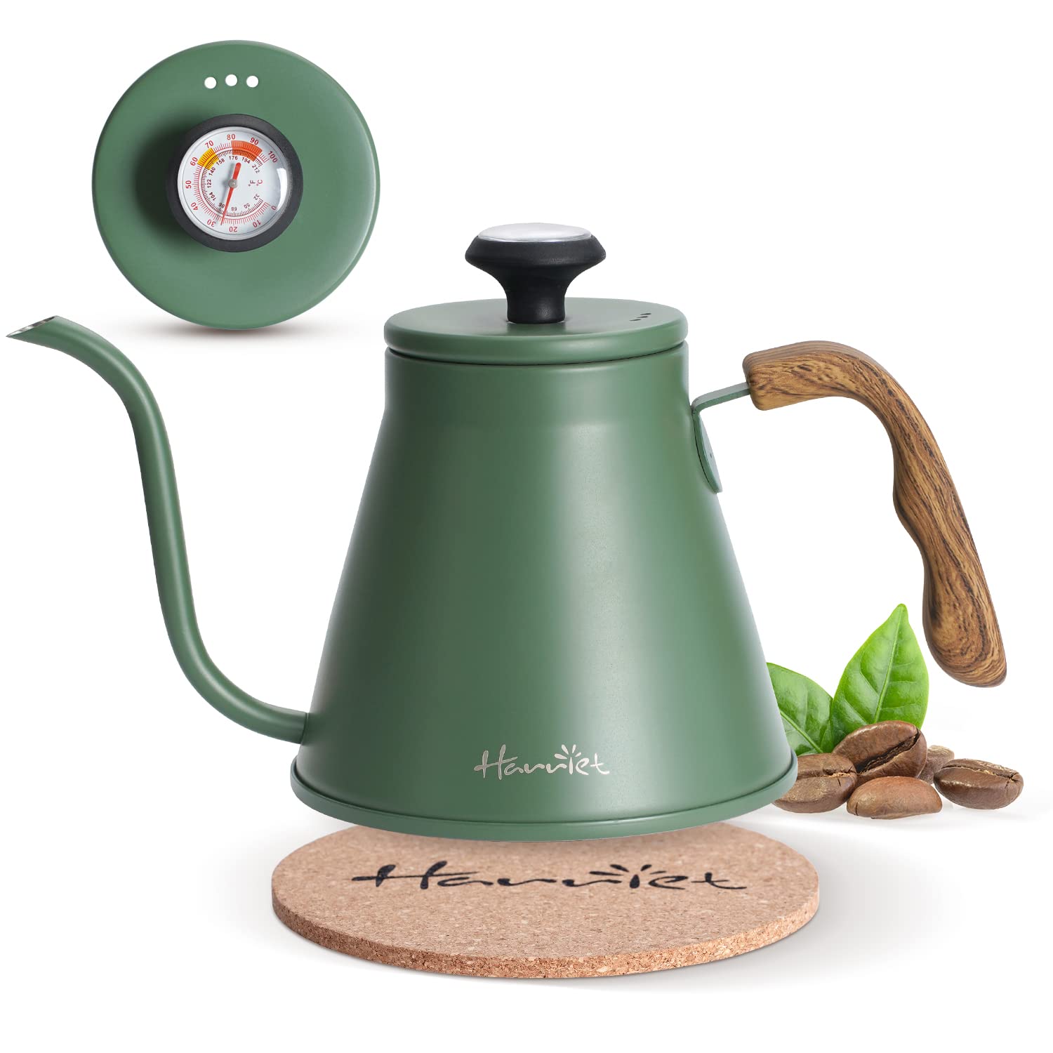 Photo 1 of Harriet Gooseneck Kettle with Thermometer for Pour Over Coffee and Tea, 37 fl oz, Stainless Steel, Durable 3-Layer Base, Ideal Spout for Precision Pouring, Compatible with all Stove Tops, Green
