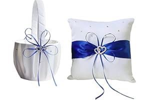 Lrnn White & Royal Blue Satin Flower Girl Basket & Ring Bearer Pillow Set Decorated with Double Heart Rhinestone & Satin Ribb