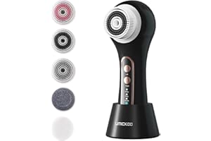 UMICKOO Face Scrubber Exfoliator, Rechargeable Facial Cleansing Brush with 2-Way Rotation & 3 Modes, 30-Day Runtime, 5 Brush Heads for SPA-Level Care, IPX7 Waterproof, Deep Cleaning for All Skin Types